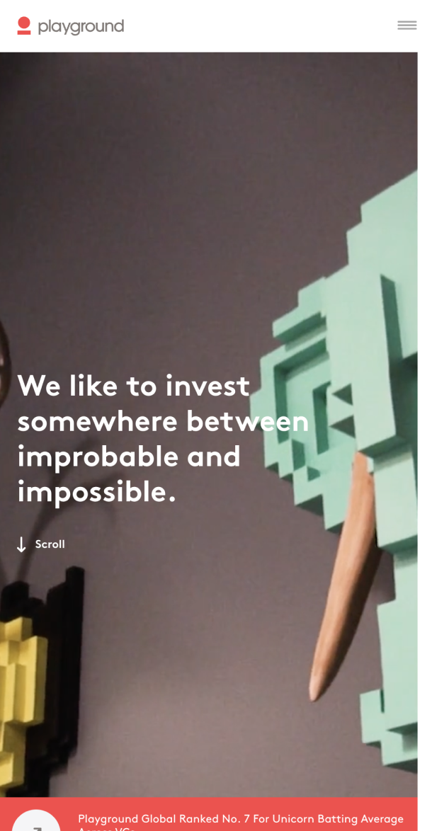 Screengrab of the mobile Playground website with text 'We like to invest somewhere between improbably and impossible'