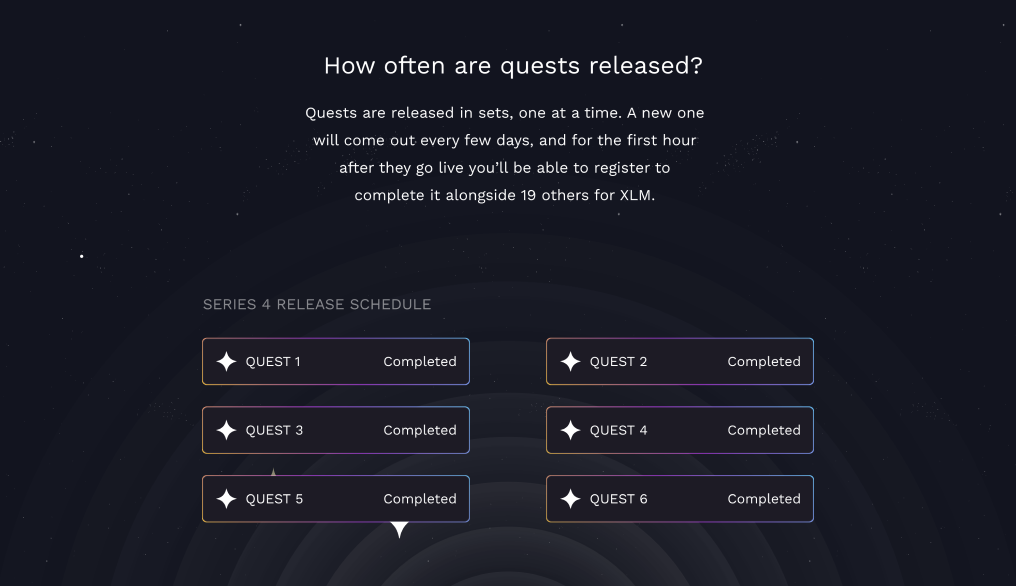Screengrab of Stellar Quest website with graphic of quests and explanation of their releases