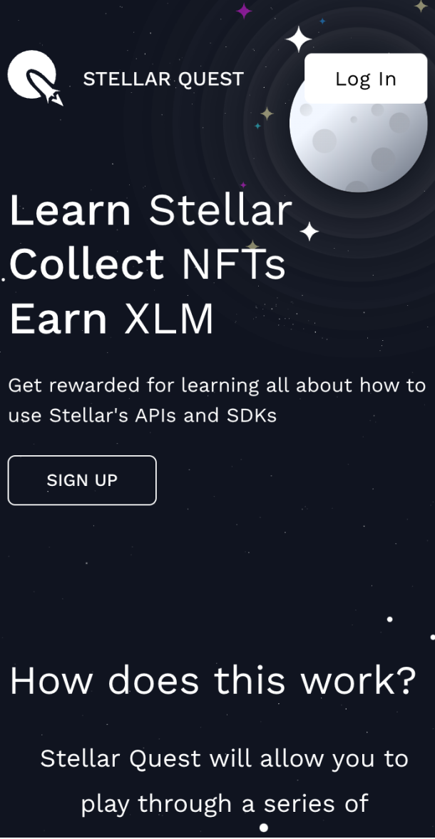 Screengrab of mobile Stellar Quest website with text 'Learn Stellar Collect NFTs Earn XLM'