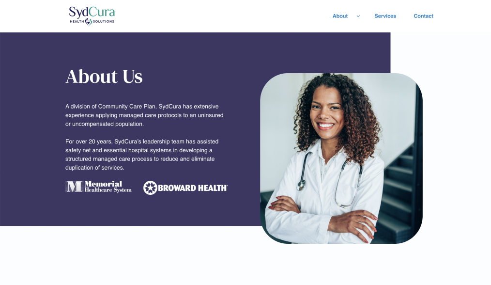 Screenshot of the Sydcura website featuring the About Us section and a picture of a smiling doctor