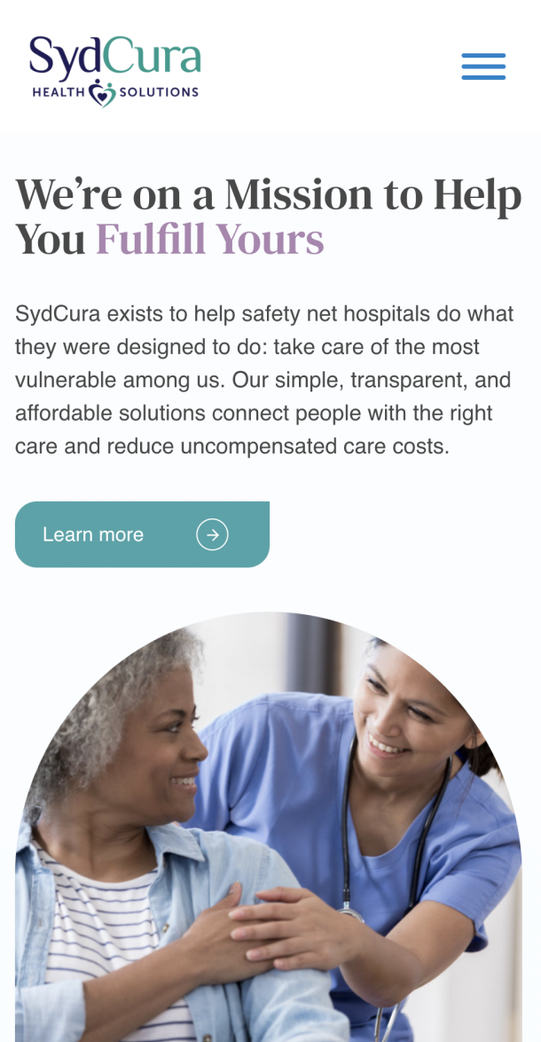 Mobile view of the Sydcura website, in the Mission section, featuring a picture of an elderly woman and a nurse holding hands and smiling