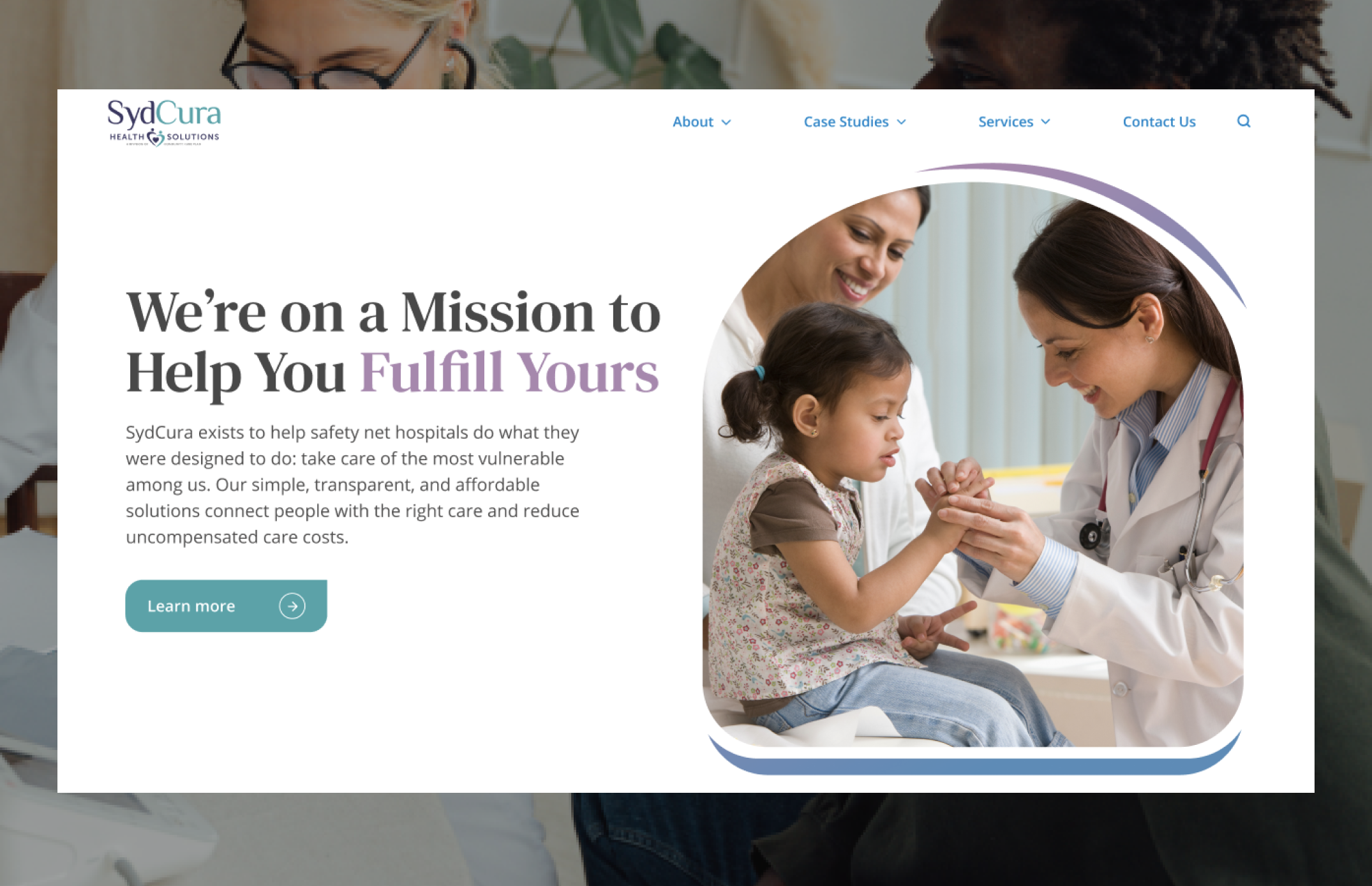 Homepage of the Sydcura website, featuring a picture of a smiling doctor treating a little girl
