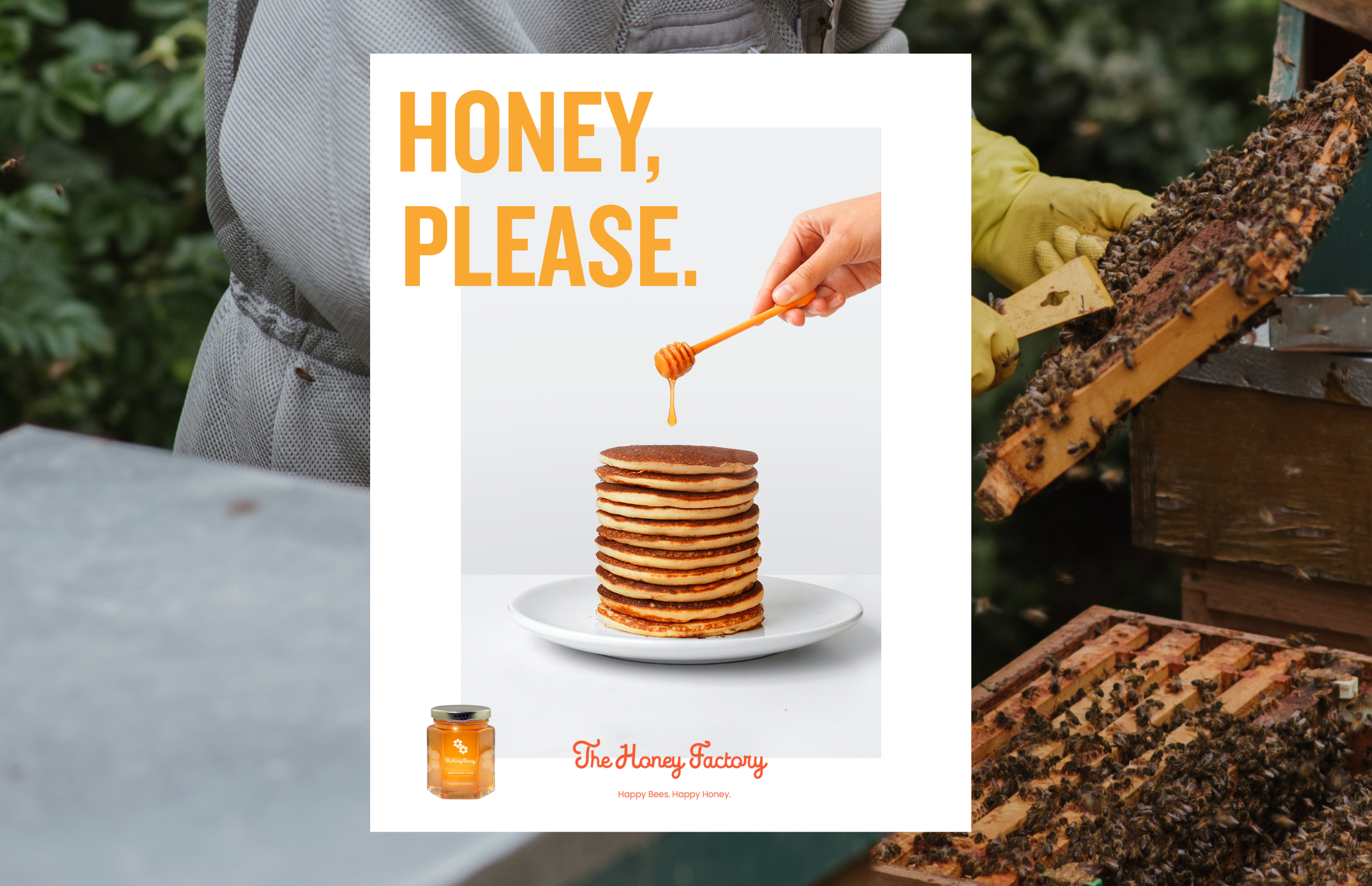 A beekeeper in a suit getting honey with a stack of pancakes and headline 'Honey, Please'.
