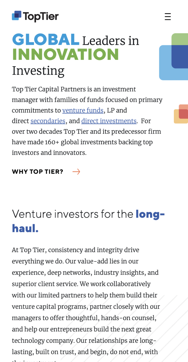 Screengrab of the mobile TTCP website featuring text and headline 'Global Leaders in Innovation Investing'