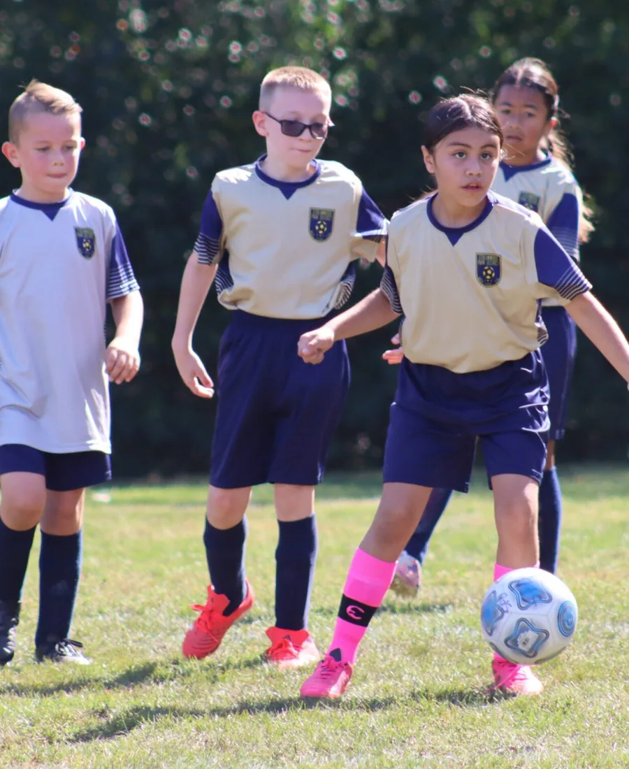 Kids in navy and gold soccer kits chase the ball across a sunny field.