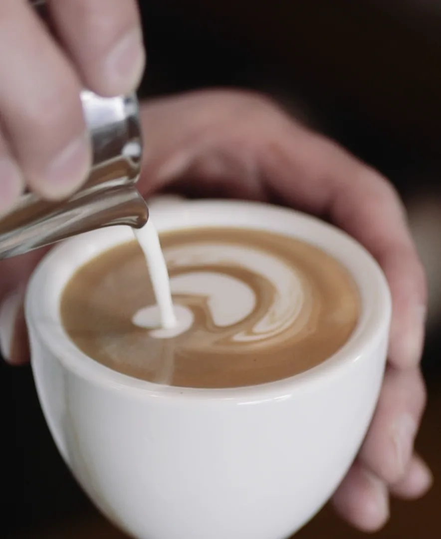 A barista pours steamed milk into a latte, finishing a rosetta.