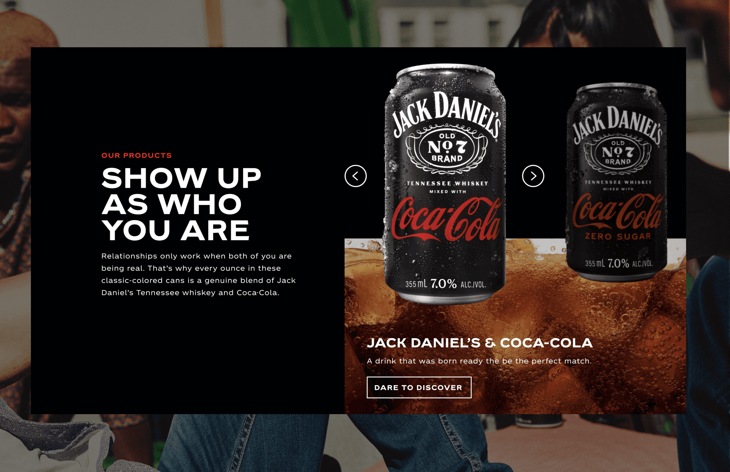 Product showcase featuring Original and Zero Sugar variants with lifestyle imagery