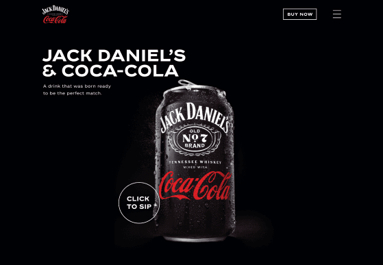 Hero section showcasing the product can with interactive Click to Sip element