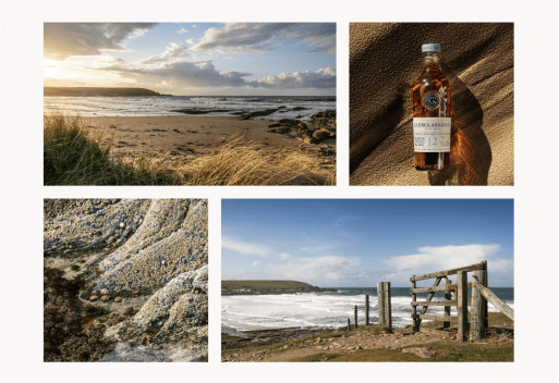 Desktop photo gallery grid showing the coastal landscapes surrounding the distillery