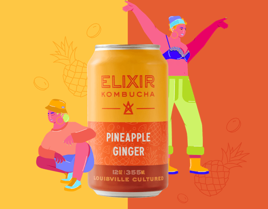 Elixir Kombucha Pineapple Ginger can with colorful illustrated characters on a vibrant yellow and orange split background