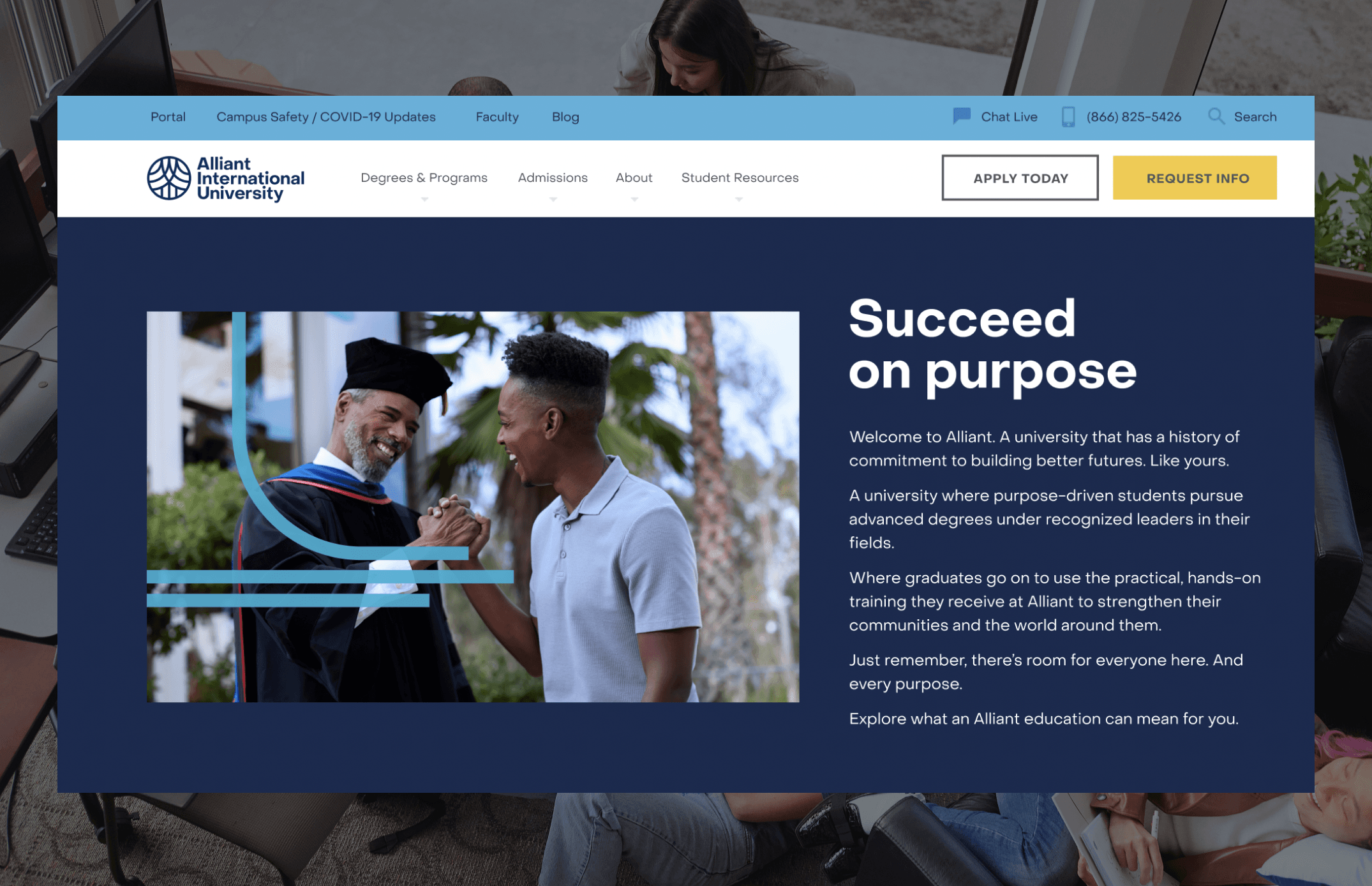 Homepage hero section featuring a graduate in cap and gown with the headline ‘Succeed on purpose’