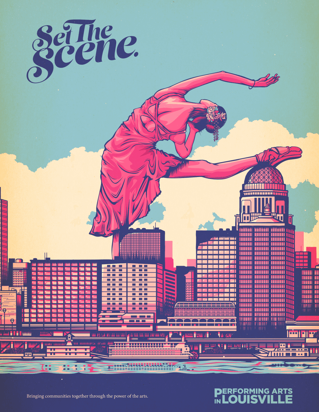 Campaign poster featuring a graceful ballerina dancing above Louisville’s downtown skyline