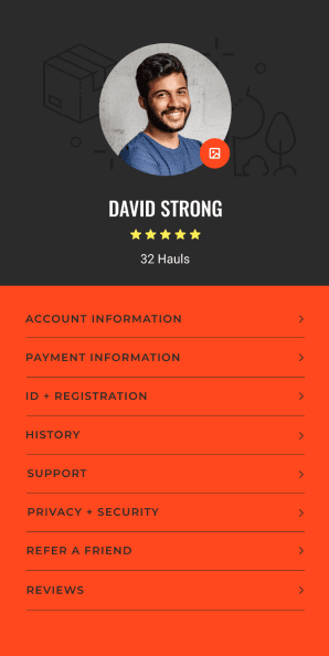 Hauler profile screen showing David Strong with 32 completed hauls and 5-star rating