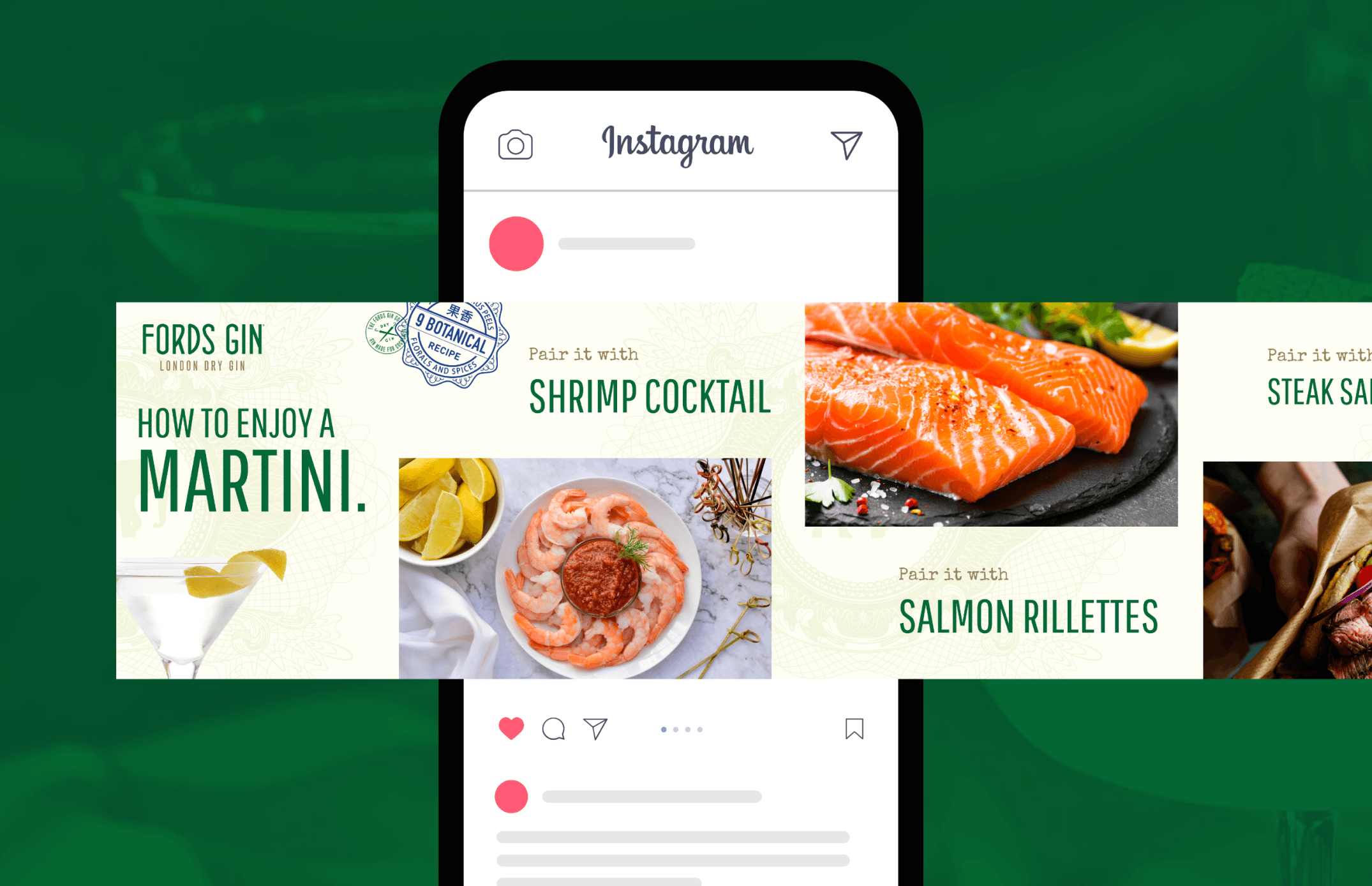 Instagram carousel ad mockup featuring How to Enjoy a Martini guide with seafood pairing suggestions