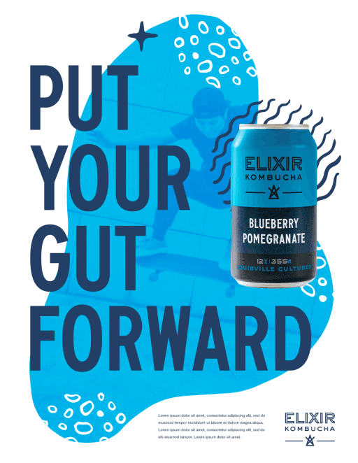Put Your Gut Forward social ad featuring Blueberry Pomegranate kombucha can with illustrated figure