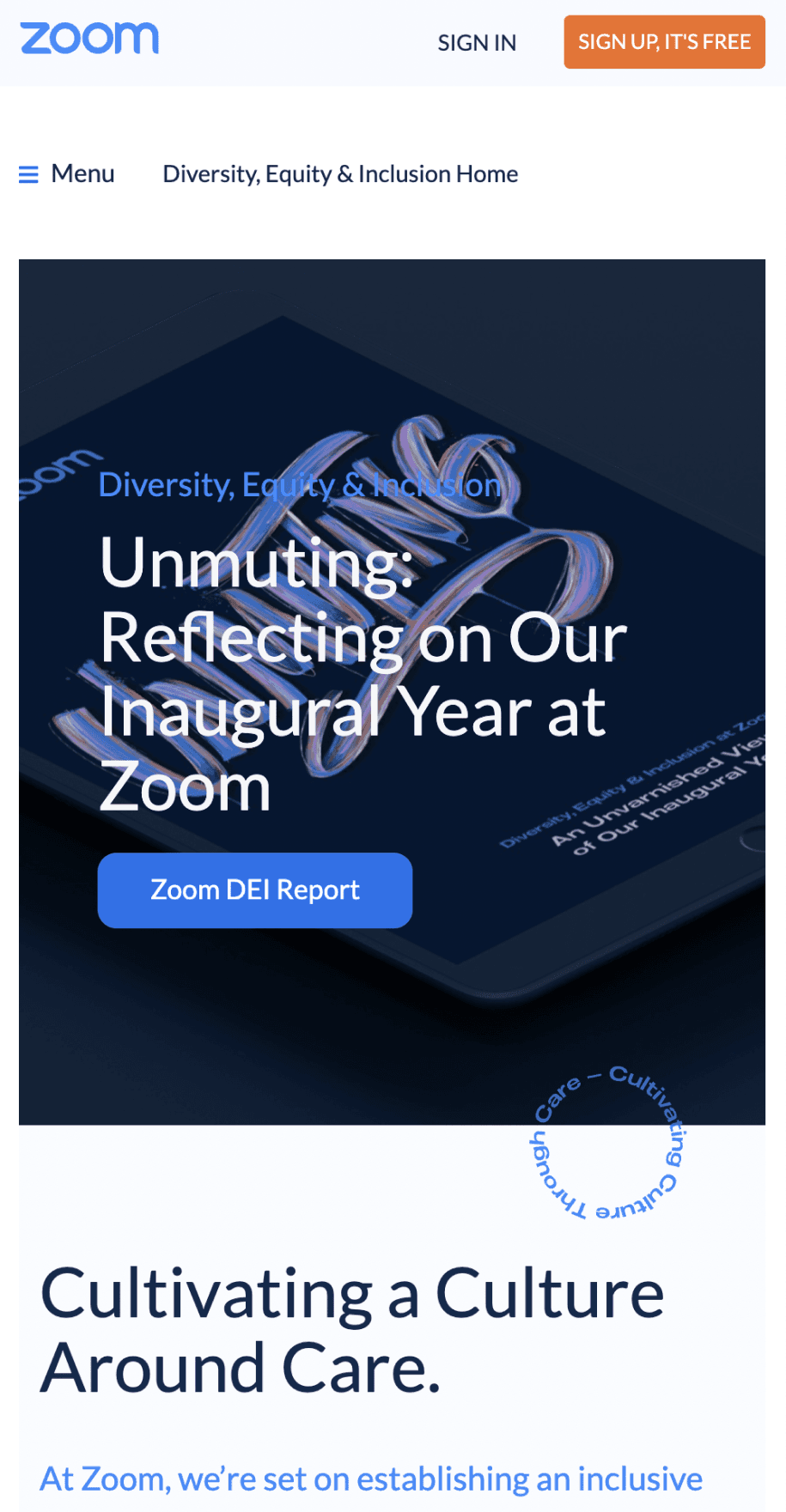 Mobile view of the Unmuting DEI report hero section