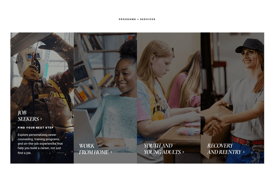 Job Seekers section featuring four program categories with photo tiles