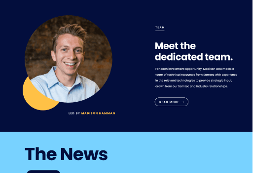 Team section featuring leadership and news updates