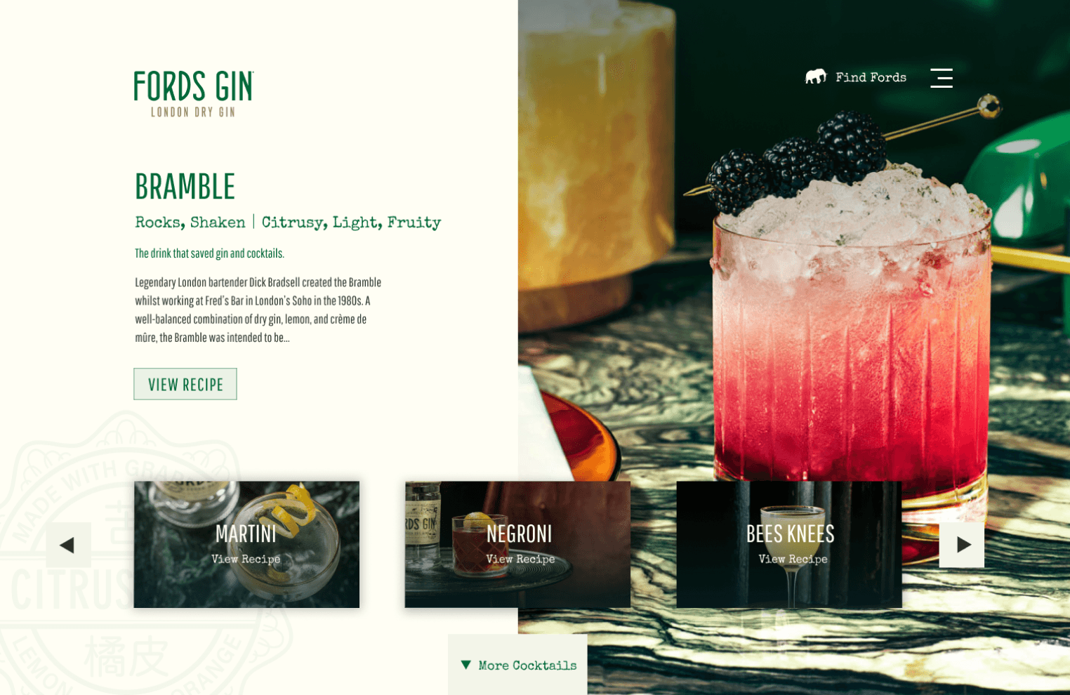 Cocktail recipe page showcasing the Bramble cocktail with featured recipe cards for Martini, Negroni, and Bees Knees