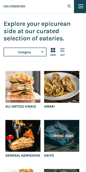Mobile dining directory with restaurant grid and category filter