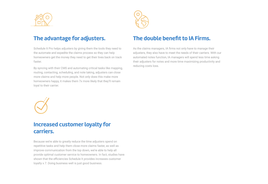Benefits section with illustrated icons showing advantages for adjusters, IA firms, and increased customer loyalty for carriers
