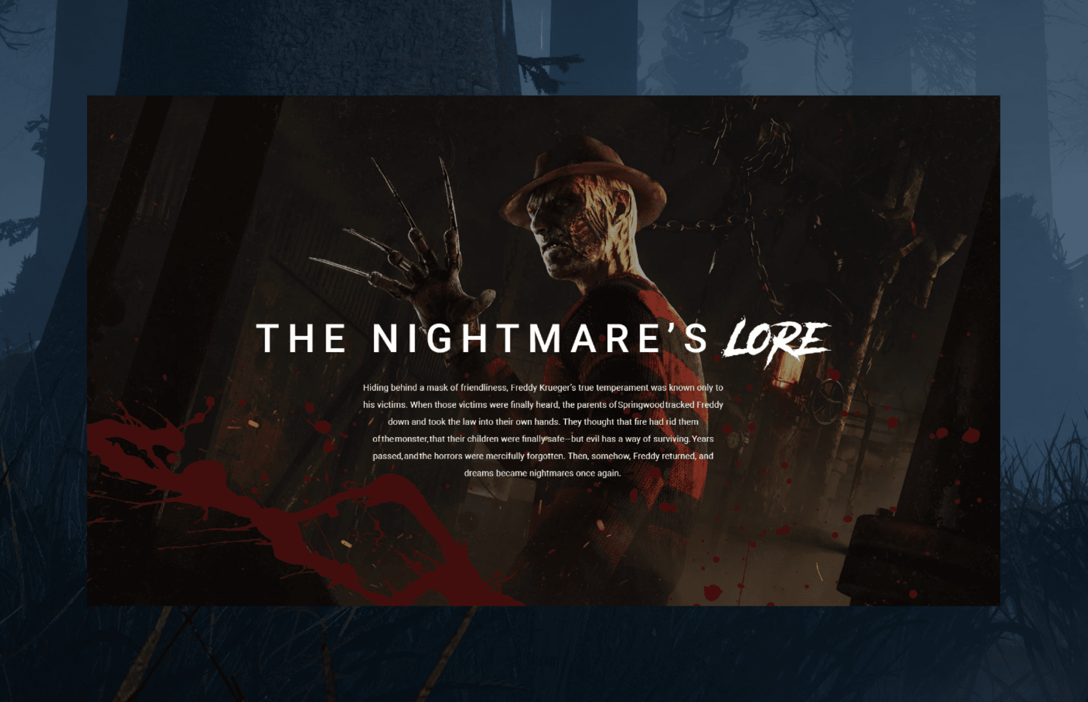 The Nightmare’s lore section detailing Freddy Krueger’s backstory with dramatic imagery