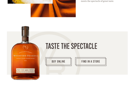 Taste the Spectacle call-to-action section with Woodford Reserve bottle and purchase buttons