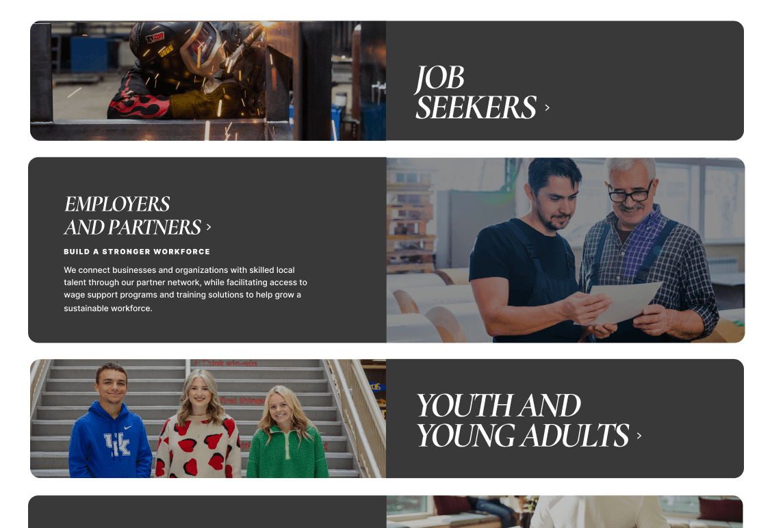 Navigation accordion panels for Job Seekers, Employers, and Youth programs