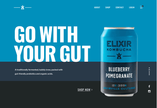 Website hero section mockup with Go With Your Gut headline and Blueberry Pomegranate kombucha can on dark blue background
