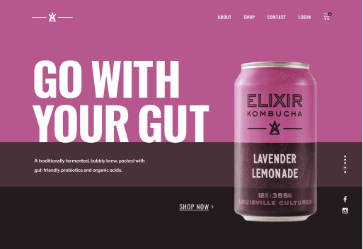 Website hero section mockup with Go With Your Gut headline and Lavender Lemonade kombucha can on magenta background