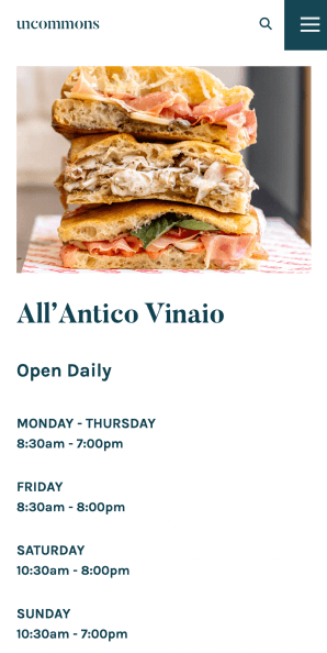 Mobile view of All’Antico Vinaio restaurant with hours and contact information
