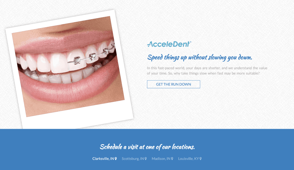 AcceleDent product section with close-up of a smile with braces and ‘Speed things up without slowing you down’ messaging