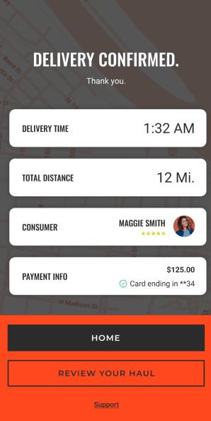 Delivery confirmed screen with trip summary showing time, distance, and payment details