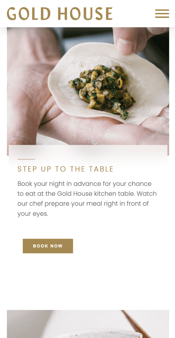 Mobile view of the Step Up to the Table reservation section with chef preparing dumplings and book now call-to-action