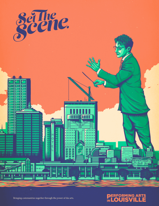 Campaign poster showing an orchestra conductor with raised hands towering over Louisville’s skyline