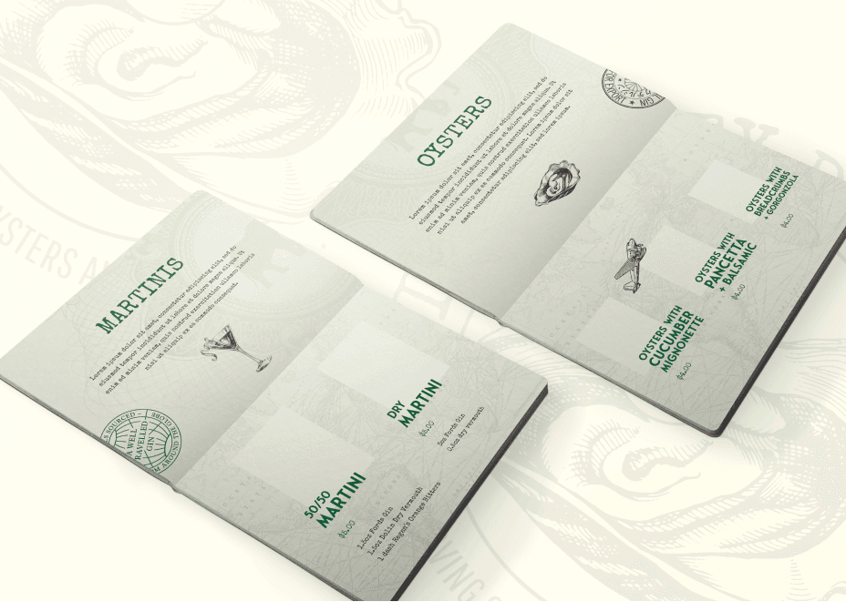 Event passport interior pages featuring martini recipes with ingredient lists and preparation instructions