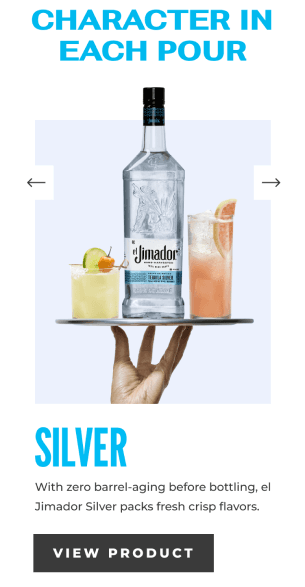 Mobile product carousel showing el Jimador Silver with cocktail pairings