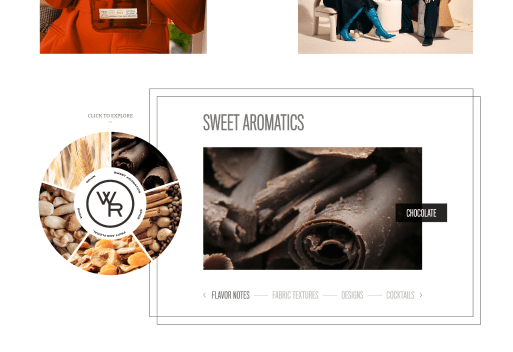 Interactive flavor wheel featuring Sweet Aromatics category with chocolate imagery and navigation tabs