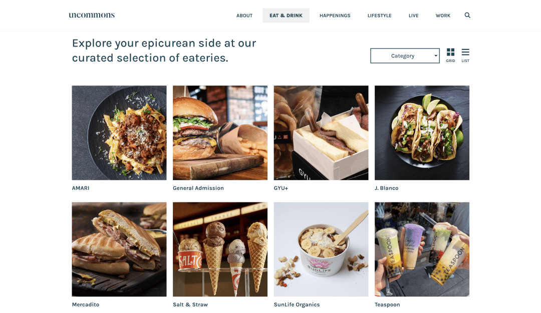 Eat & Drink landing page with restaurant grid and category filtering