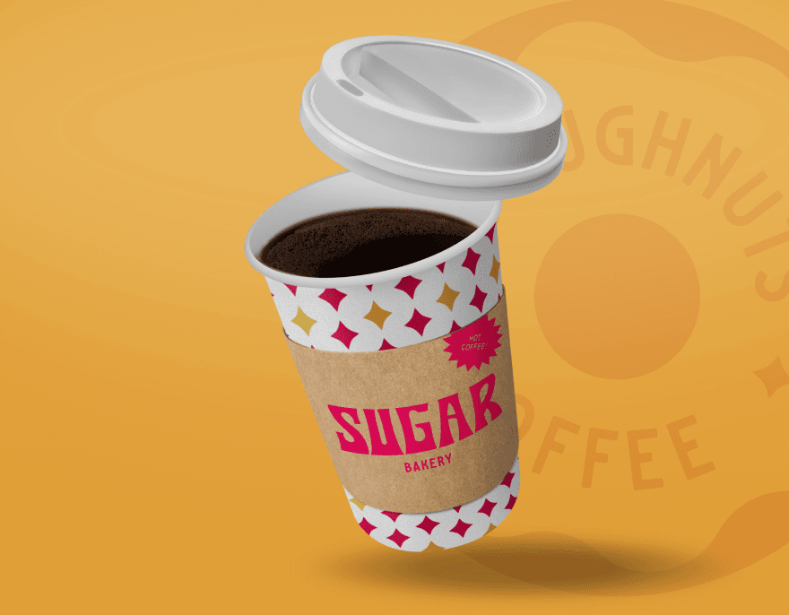 Coffee cup mockup showcasing the complete brand identity