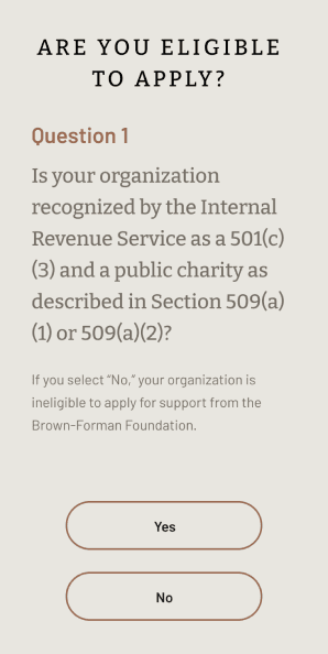 Mobile view of grant eligibility questionnaire showing 501(c)(3) question
