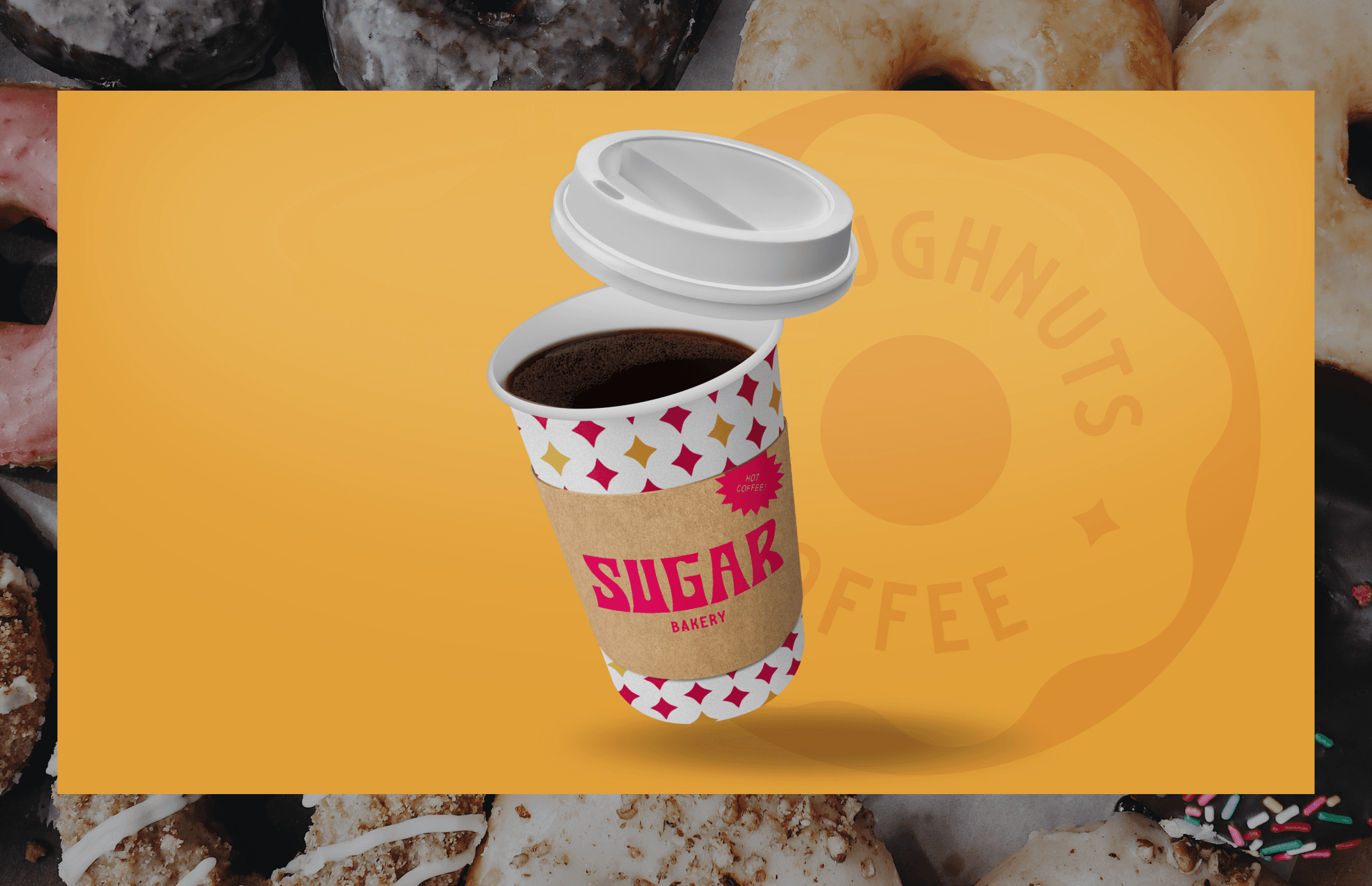 Branded coffee cup with geometric diamond pattern and kraft paper sleeve