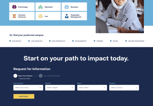 Campus location selector and request for information form with program selection options