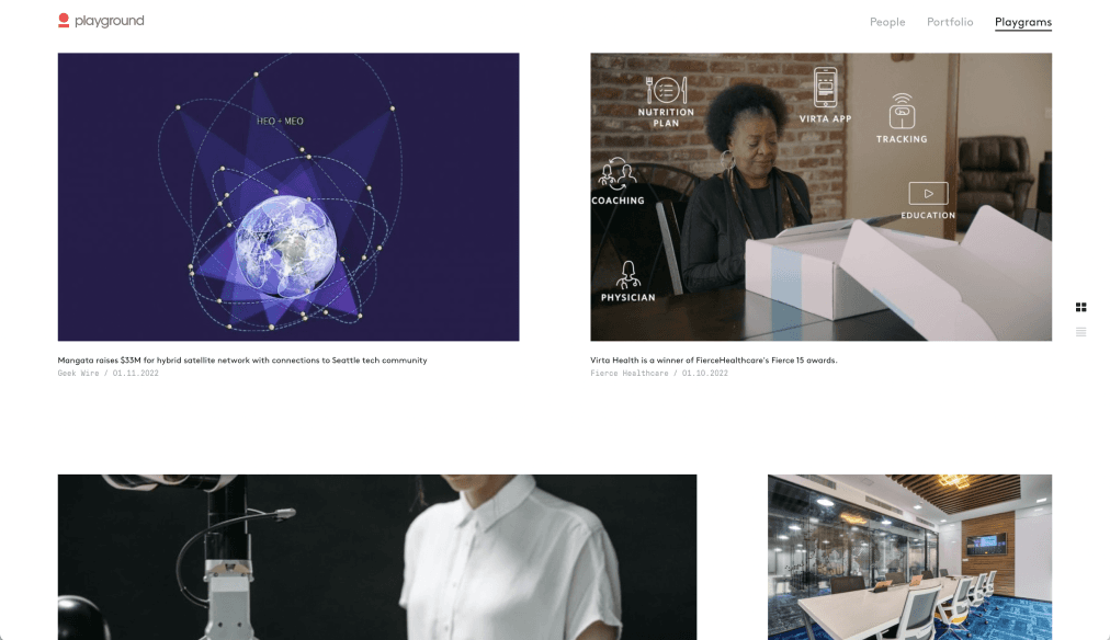 Playgrams news section with featured articles showcasing portfolio company innovations