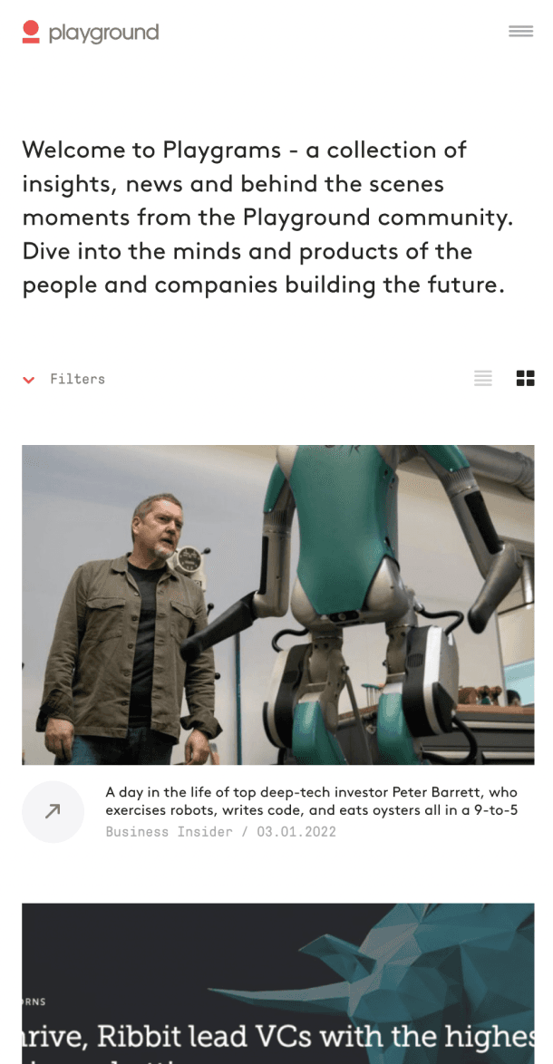 Mobile view of Playgrams section with news articles and team insights