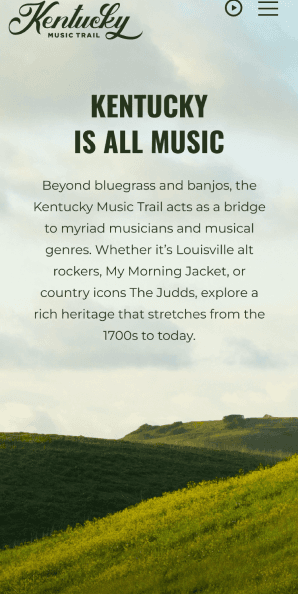 Mobile view of Kentucky Is All Music section with rolling hills