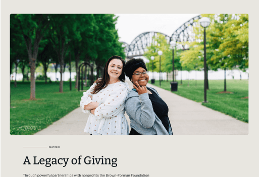 A Legacy of Giving section with community partnership imagery