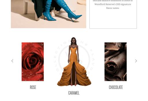 Fashion carousel featuring rose, caramel, and chocolate flavor notes with model in flowing orange gown