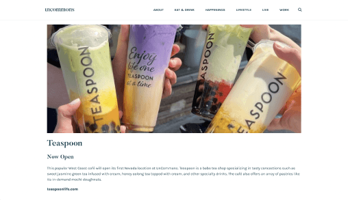 Teaspoon boba tea shop page featuring colorful drinks and business description