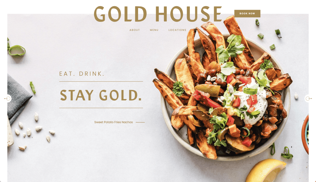 Alternate hero design featuring loaded fries topped with meat and fresh garnishes alongside the Stay Gold tagline